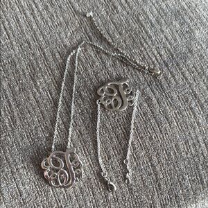 Silver Initial Monogram “T” Pendant Necklace & Bracelet Set, Pre-loved
